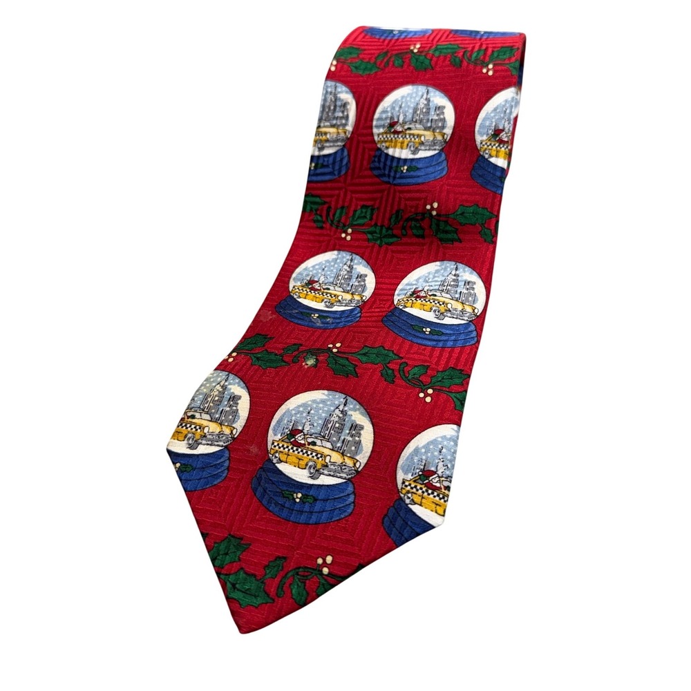 Robert Stock Mens Red Silk Christmas Snow Globe NYC Taxi Holly Holiday Necktie